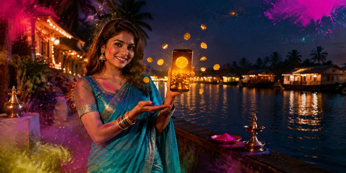 Indian woman placing cricket bet on mobile device in Kerala market